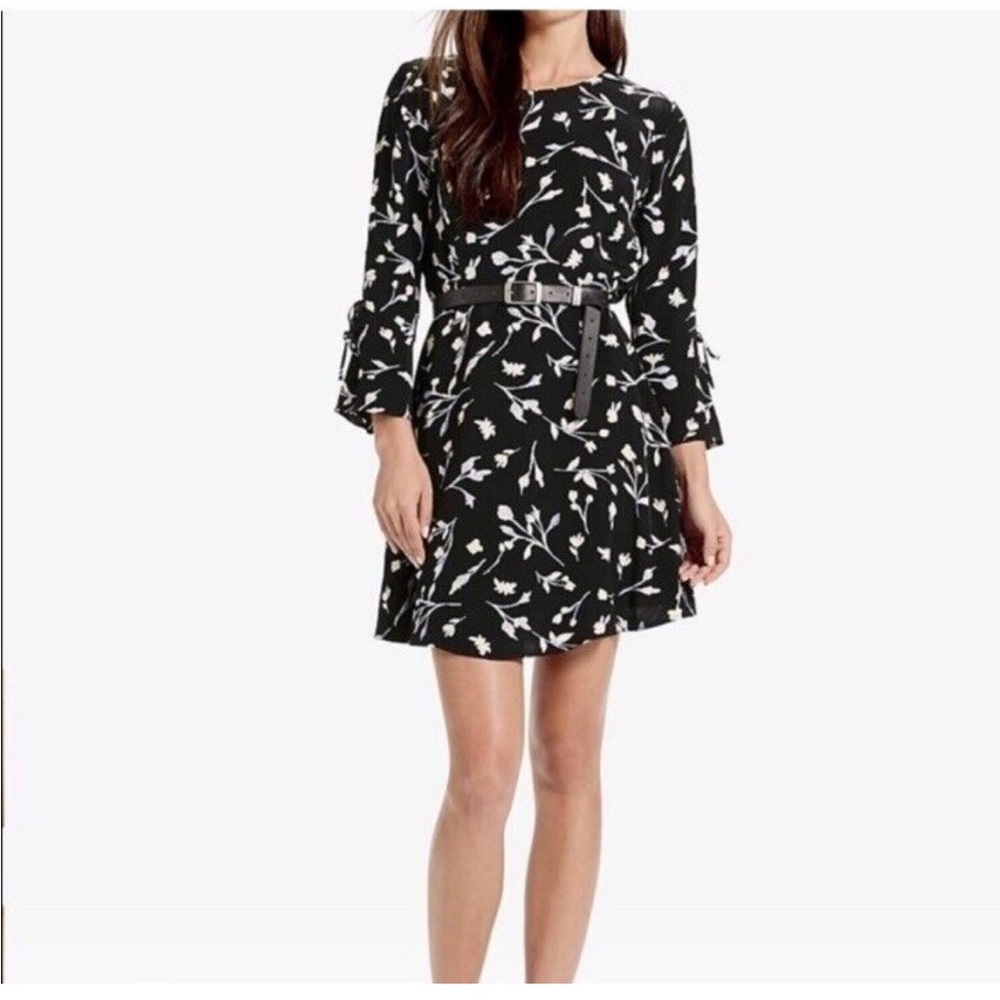 Lucky Brand Bell Sleeve Lace Up Detail Floral Black Mini Dress